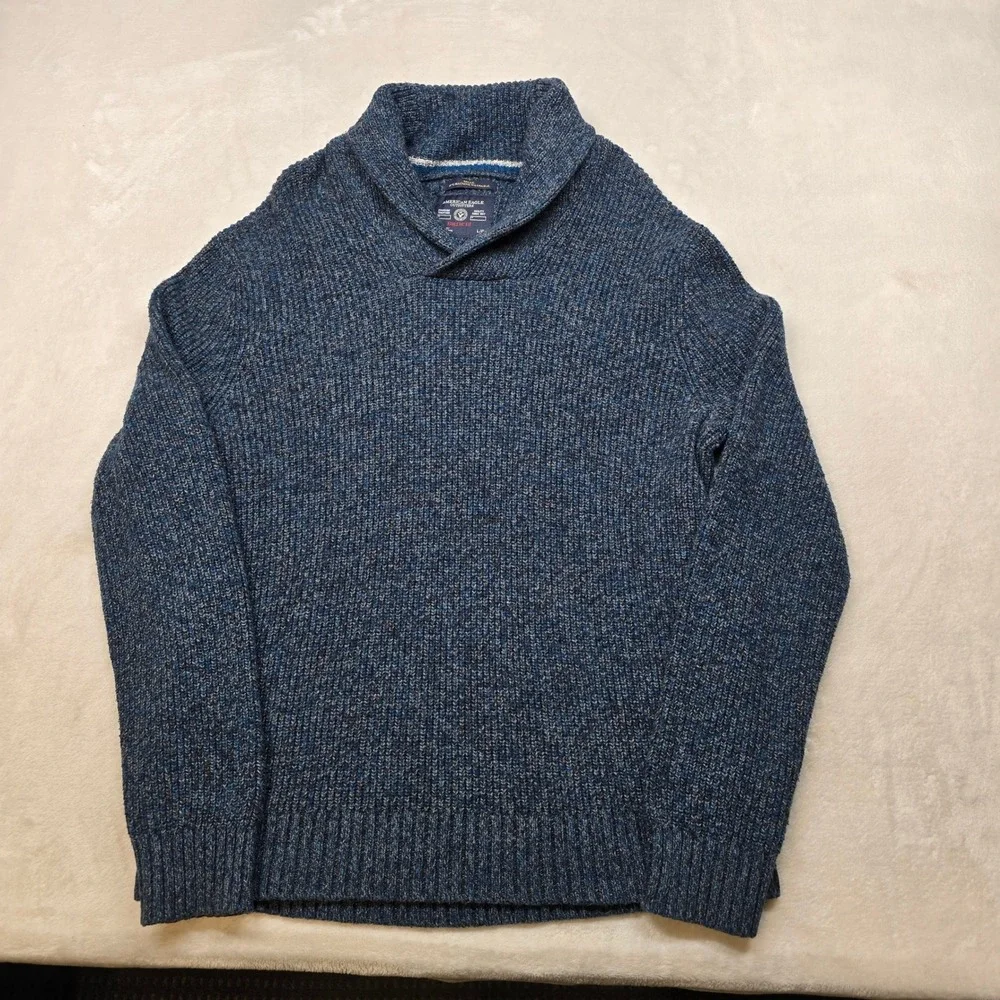 American‎ Eagle Shawl Collar Sweater Mens Large Blue Speckled Athletic Fit